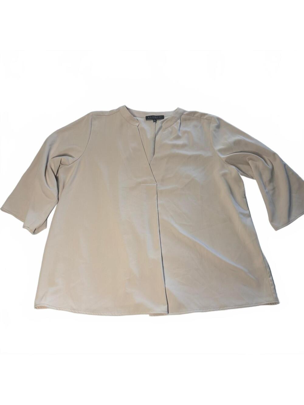ELOQUII Pleated Blouse 16 NWT Sand Beige Split V Neck 3/4 Sleeve Plus Top